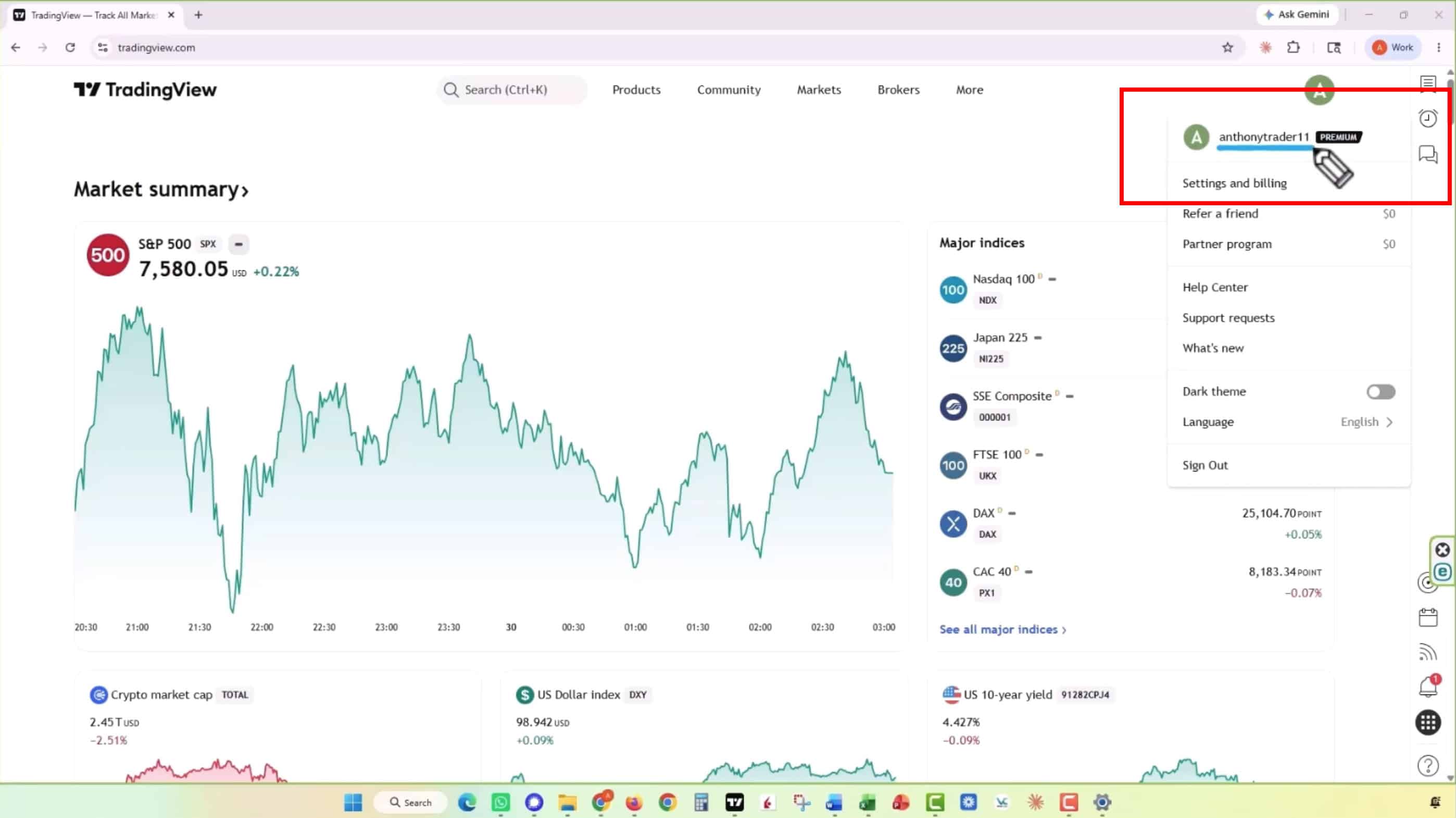 TradingView account menu showing where to find the TradingView Username